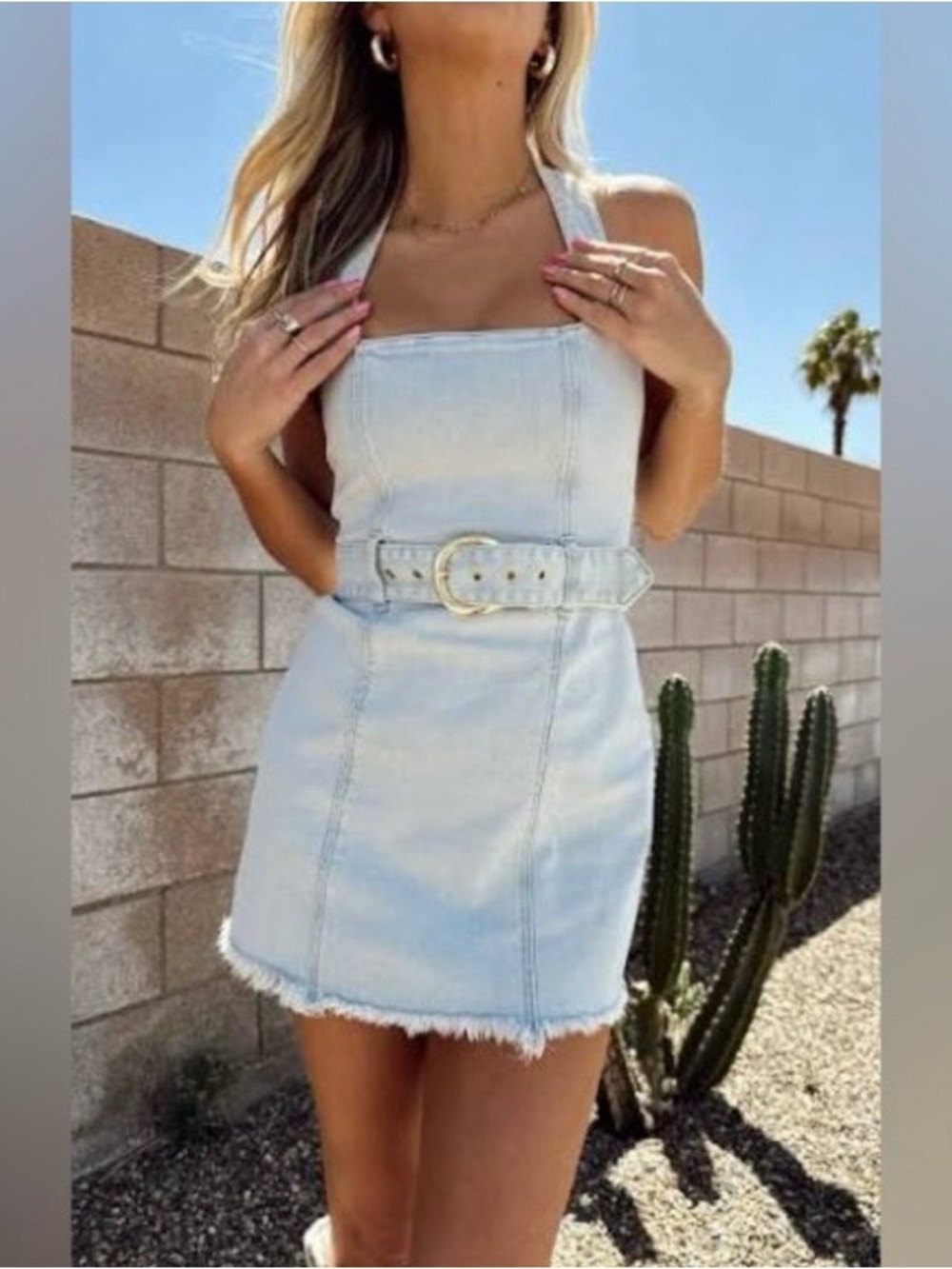 Show Me Your MuMu Light Blue Denim Halter Mini Dress with Belt